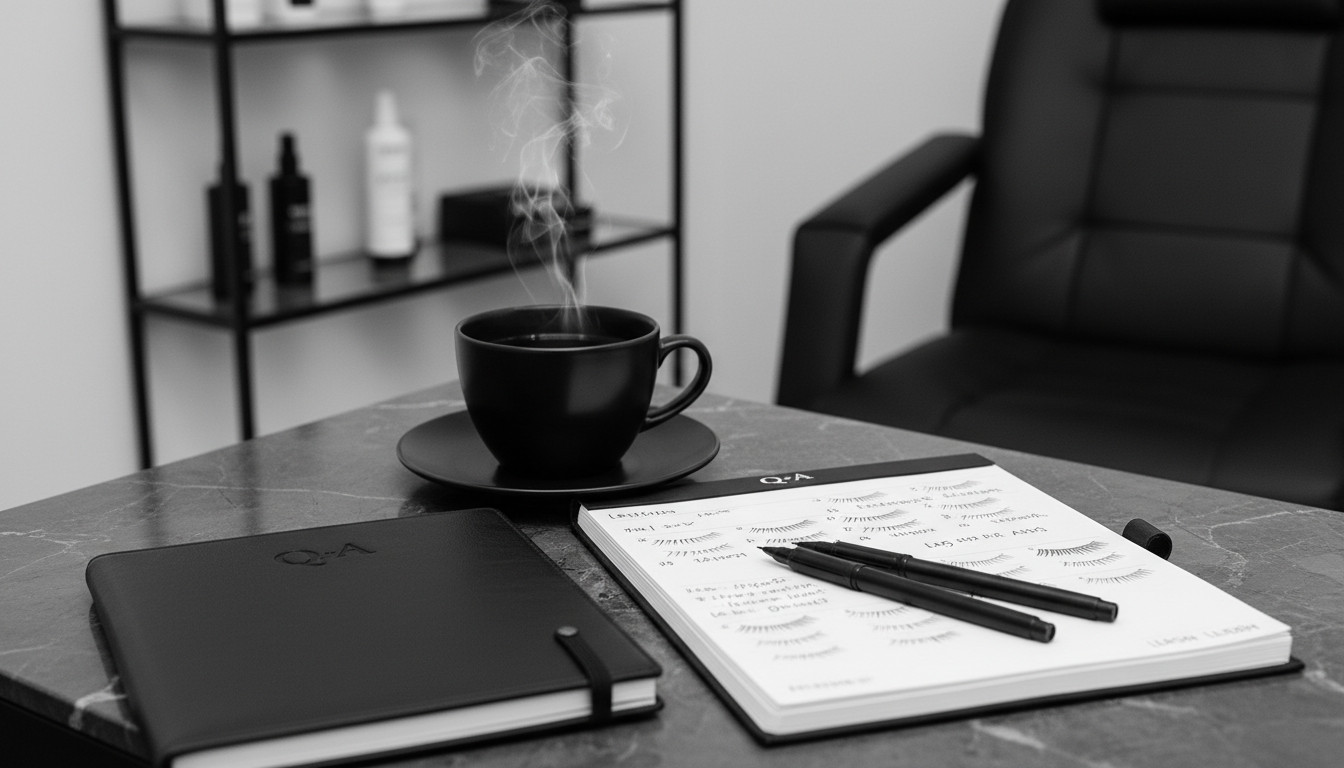 Q&A themed photo in a lash studio: consultation notebook, lash map sketches, and a cup of tea on a clean desk