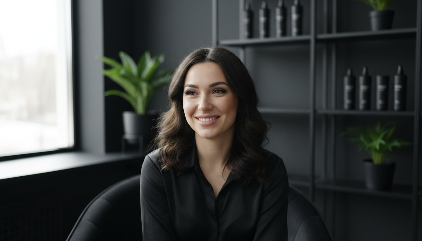 Portrait of a client with finished lashes smiling in a calm, private studio environment with soft natural light