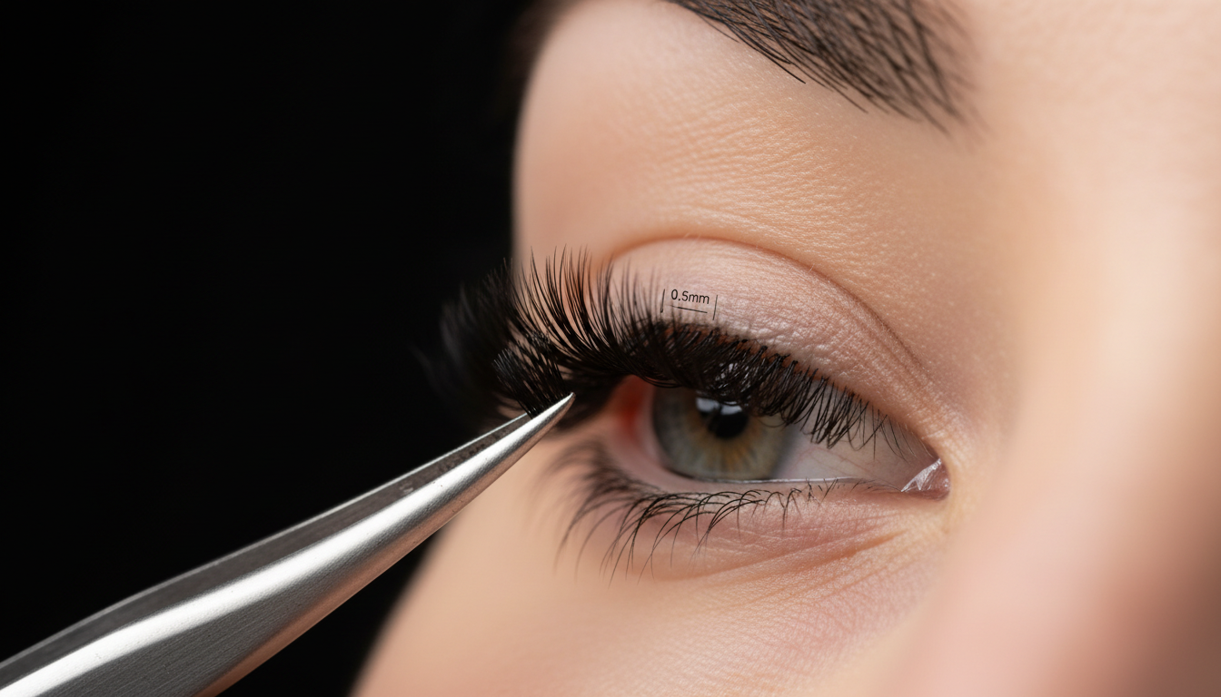 Close-up chuyên nghiệp sợi mi nối đang gắn đúng kỹ thuật, thể hiện khoảng cách 0.5mm với mi thật trong studio sạch sẽ