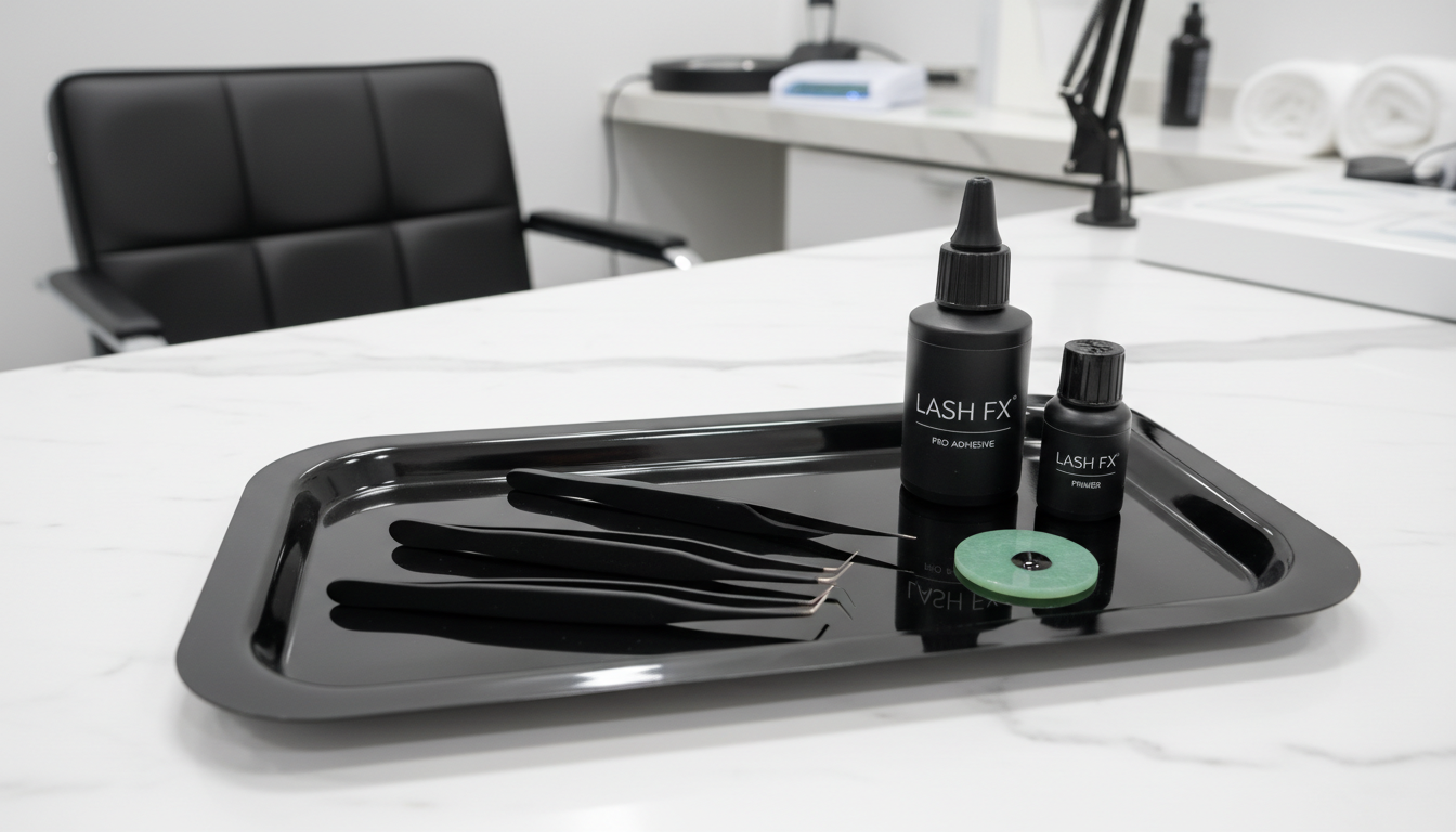 Bộ dụng cụ nối mi chuyên nghiệp (nhíp, keo, primer) đặt trên khay inox trong môi trường salon sạch sẽ