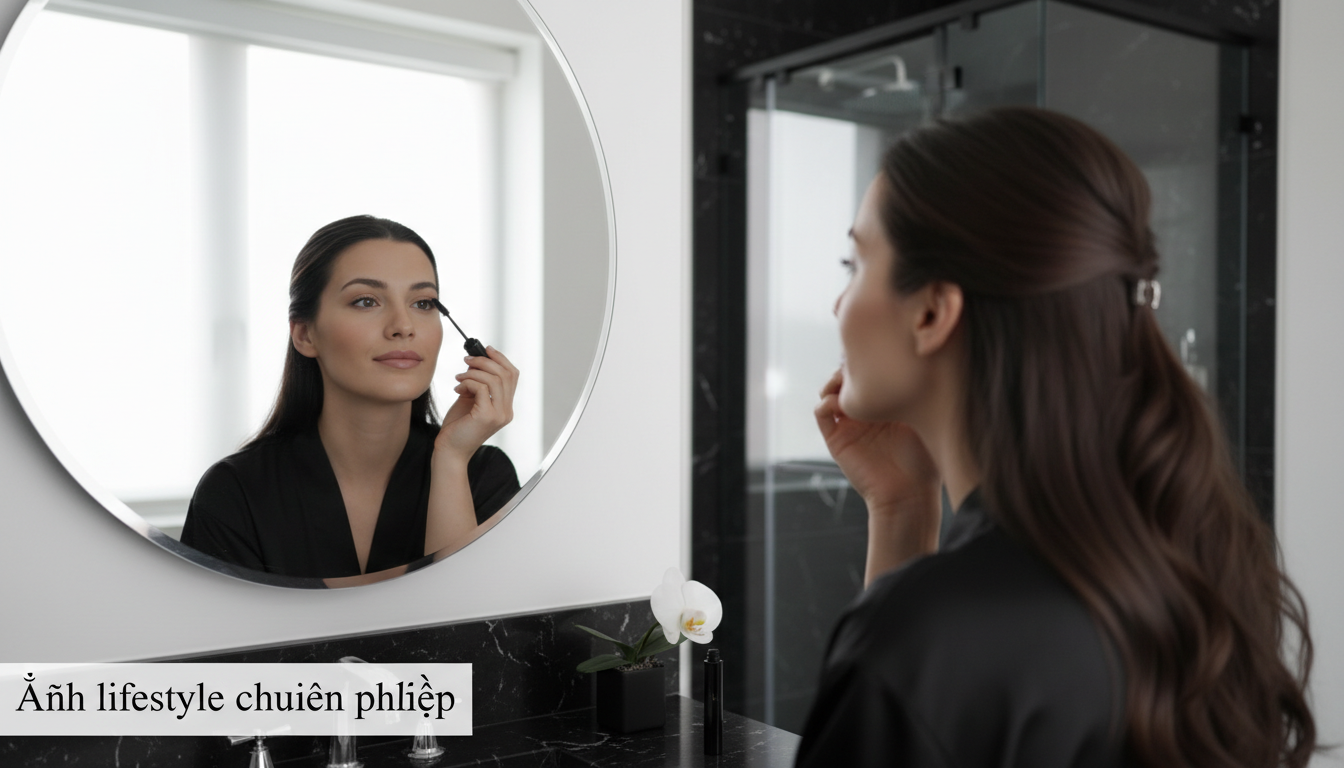 Ảnh lifestyle chuyên nghiệp: cô gái chải mi bằng spoolie trước gương, ánh sáng mềm, cảm giác sạch sẽ và thư giãn