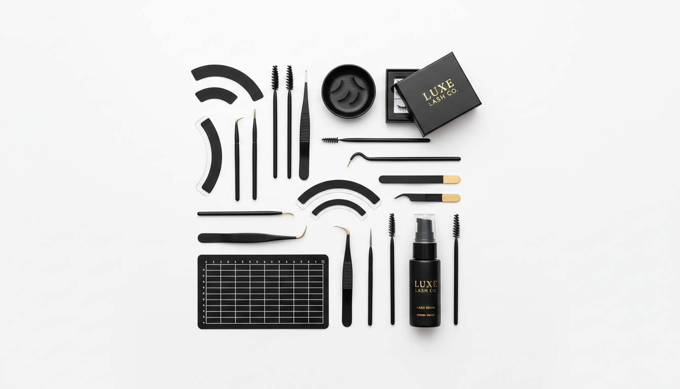 Ảnh concept dạng flatlay dụng cụ lash lift và lash extensions trên nền trắng, phong cách sang trọng