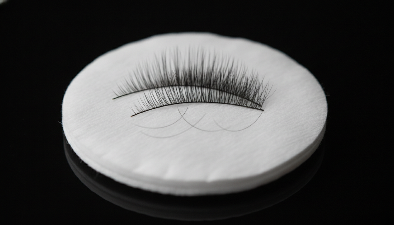 Close-up chuyên nghiệp về hàng mi tự nhiên với vài sợi đang rụng nhẹ trên pad trắng, ánh sáng studio sạch sẽ