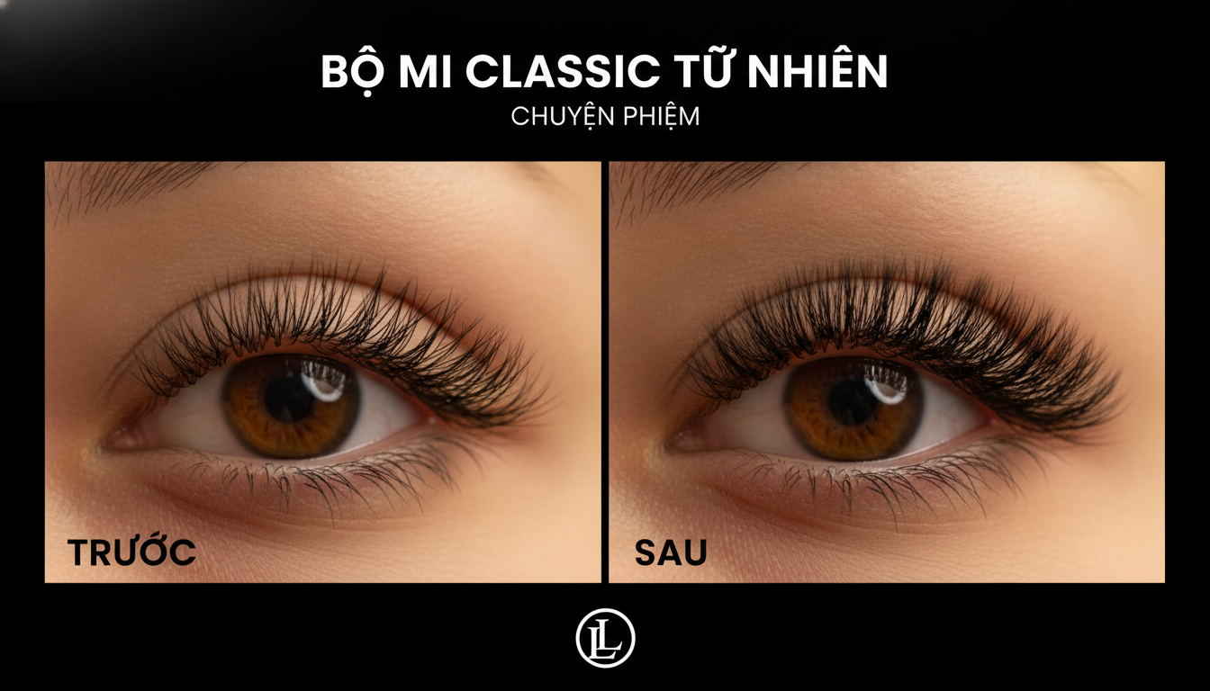 Ảnh before/after chuyên nghiệp của bộ mi classic tự nhiên trên nền ánh sáng ấm, nhấn sự gọn và tơi