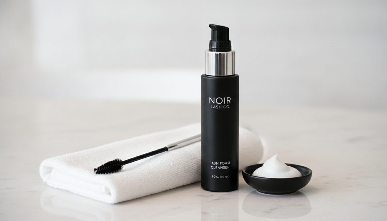 Ảnh sản phẩm cleanser/foam rửa mi đặt trên bàn đá sáng, kèm spoolie và khăn sạch, bố cục tối giản cao cấp