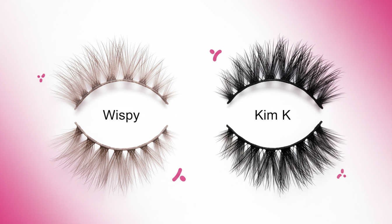 Cận cảnh hai hàng mi đặt cạnh nhau, một bên Wispy mềm tơi với spike thưa đều, một bên Kim K spike rõ và tương phản mạnh; ánh sáng studio chuyên nghiệp