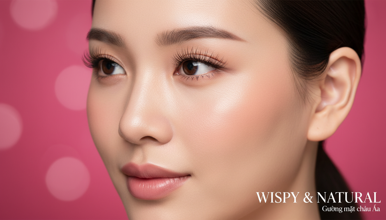 Gương mặt châu Á trang điểm nhẹ, nối mi Wispy tự nhiên; góc nghiêng cho thấy độ tơi và các sợi nhấn mềm mại