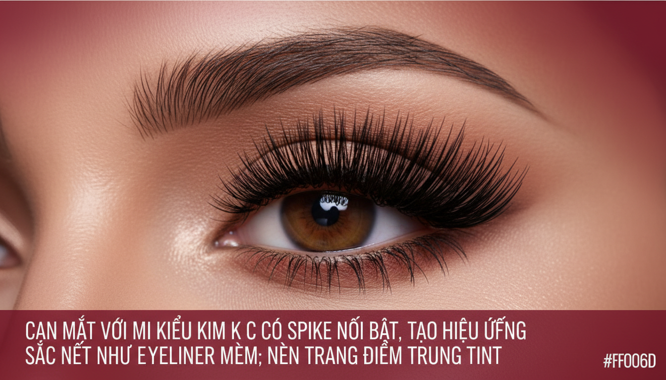 Cận mắt với mi kiểu Kim K có spike nổi bật, tạo hiệu ứng sắc nét như eyeliner mềm; nền trang điểm trung tính