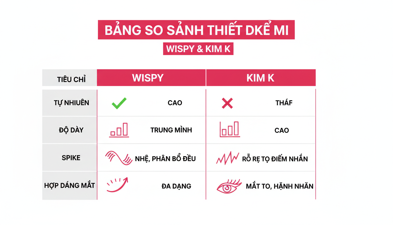 Bảng so sánh thiết kế mi Wispy và Kim K theo tiêu chí tự nhiên, độ dày, spike, hợp dáng mắt; phong cách infographic tối giản, chuyên nghiệp