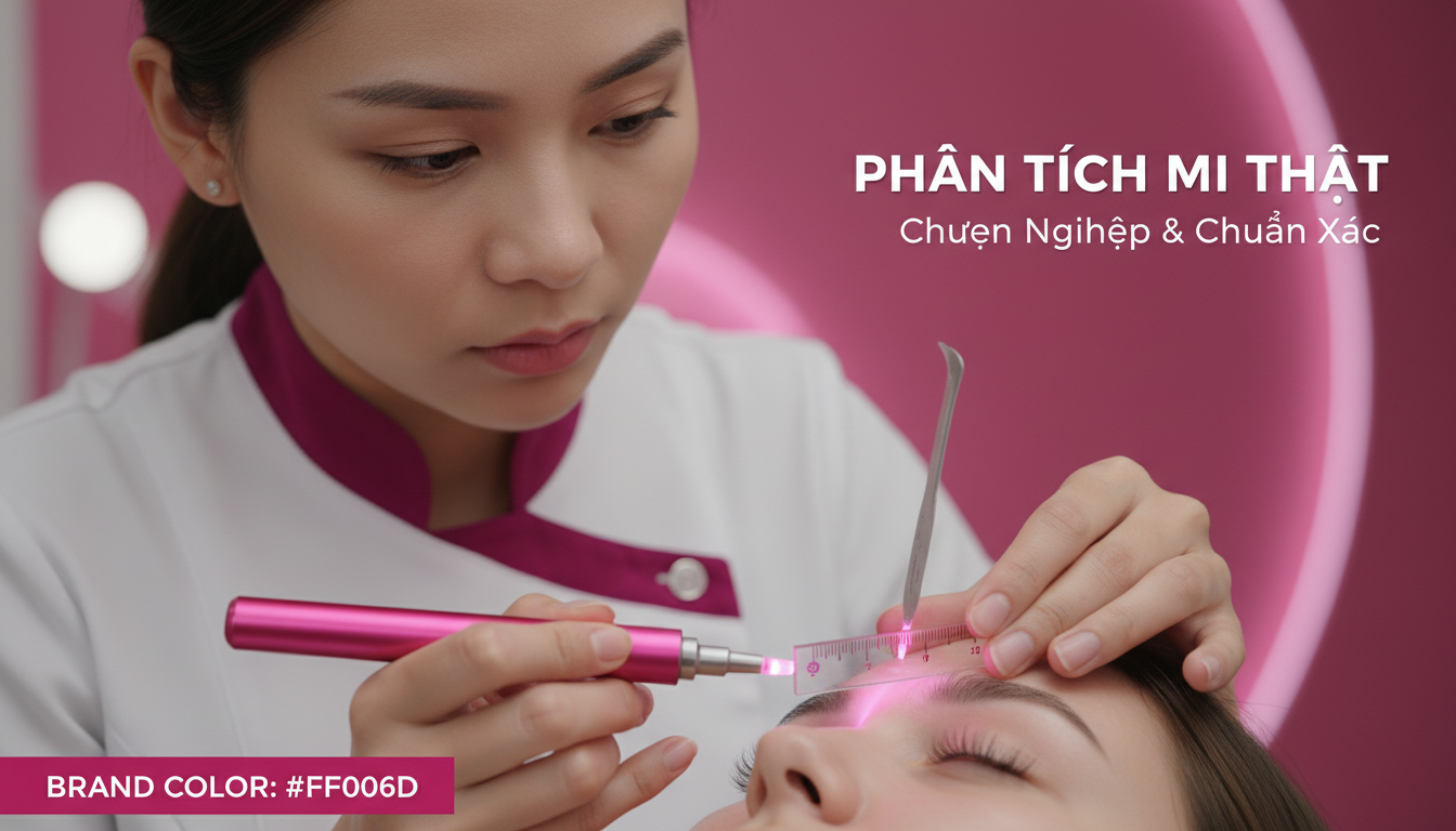 Close-up chuyên viên lash đang đo dáng mắt và phân tích hướng mọc mi thật bằng ánh sáng chuyên dụng, phong cách studio chuyên nghiệp