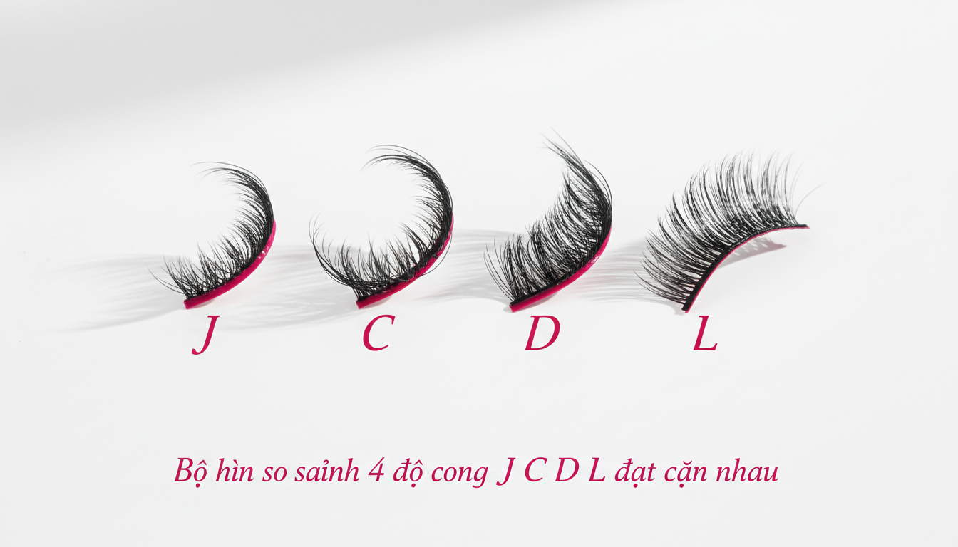 Bộ hình so sánh 4 độ cong J C D L đặt cạnh nhau, nền trắng tối giản, ánh sáng high-end