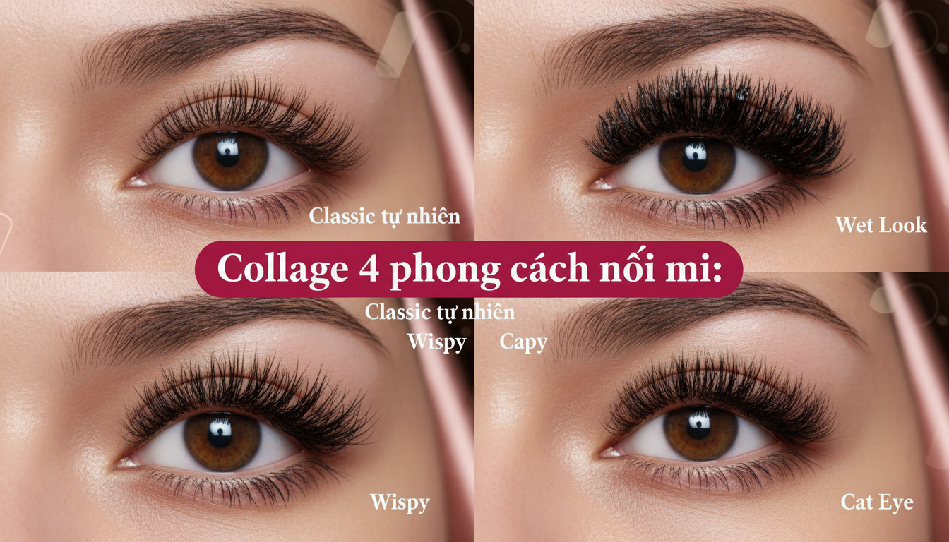 Collage 4 phong cách nối mi: Classic tự nhiên, Wet Look, Wispy, Cat Eye; ánh sáng studio sang trọng