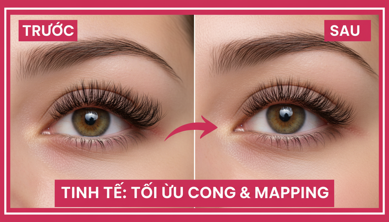 Ảnh minh hoạ before-after tinh tế: bên trái mi nối quá cong gây nặng mắt, bên phải tối ưu cong và mapping trông mở mắt tự nhiên