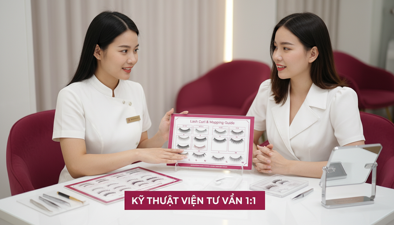 Kỹ thuật viên tư vấn 1:1 trong không gian riêng tư, bảng lựa chọn curl và mapping đặt trên bàn sạch sẽ