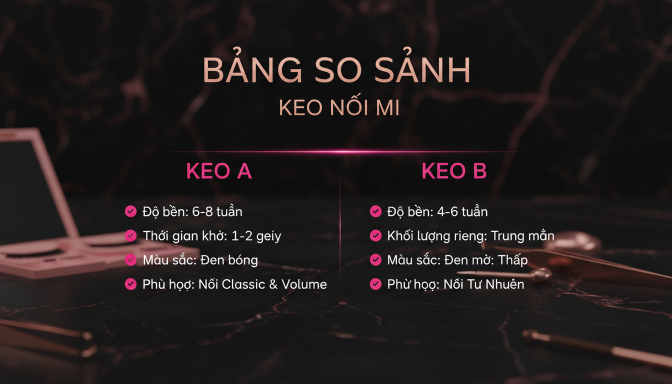 Bảng so sánh hai loại keo trên nền tối sang trọng, typography tối giản, phong cách salon