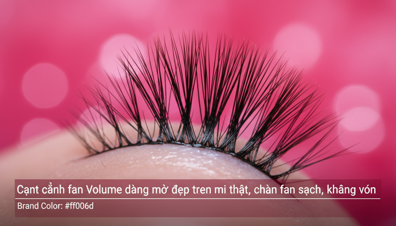 Cận cảnh fan Volume đang mở đẹp trên mi thật, chân fan sạch, không vón, ánh sáng macro rõ nét