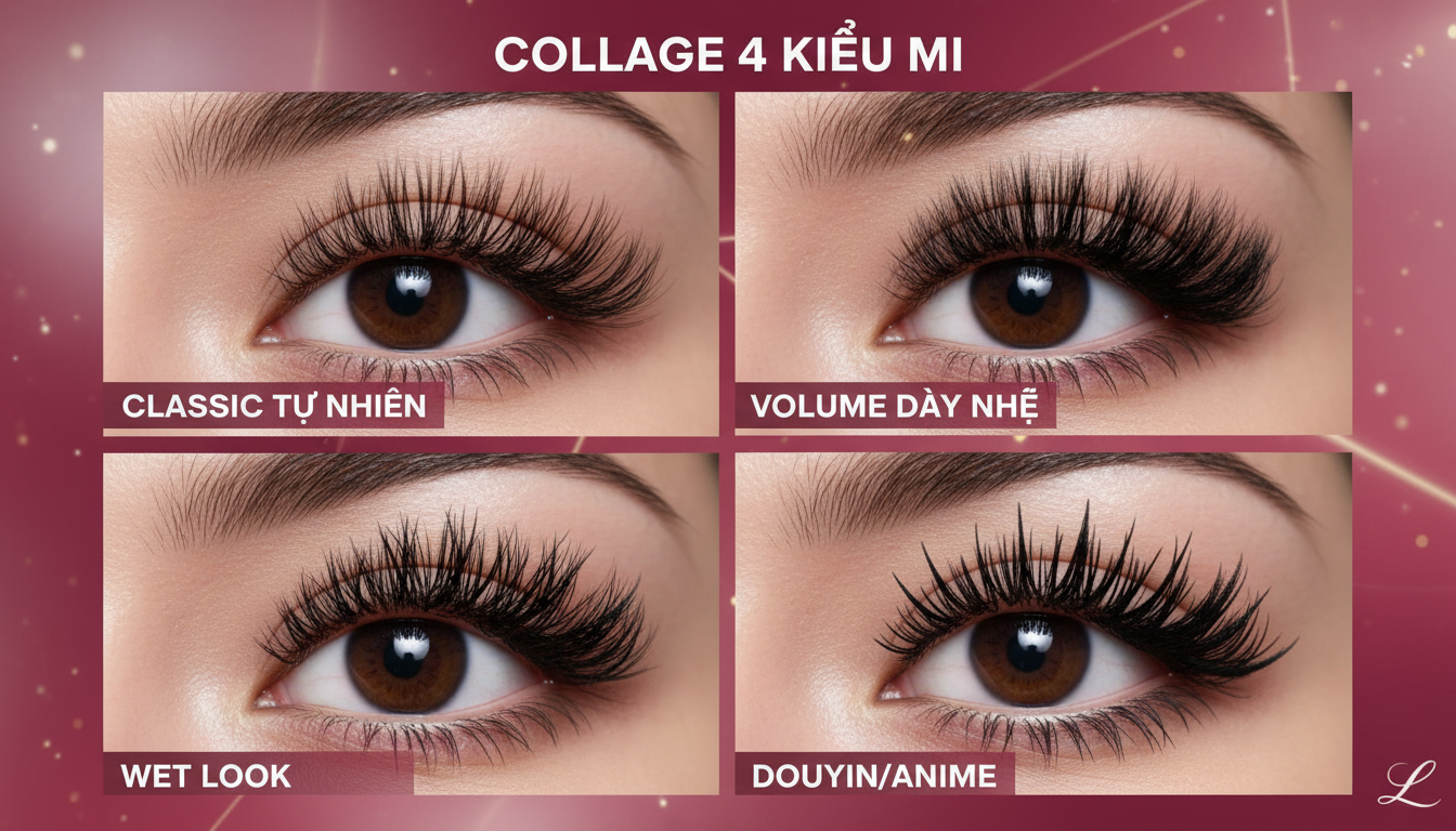 Collage 4 kiểu mi (Classic tự nhiên, Volume dày nhẹ, Wet Look, Douyin/Anime) chụp cùng tone màu sang, rõ sợi