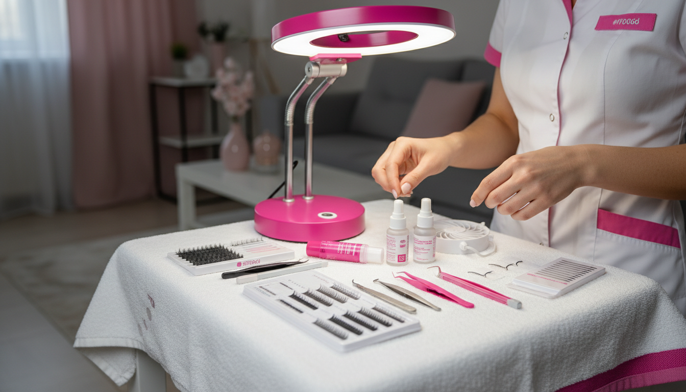 Kỹ thuật viên chuẩn bị dụng cụ nối mi tại nhà, setup gọn gàng, khăn sạch, ánh sáng đèn chuyên dụng