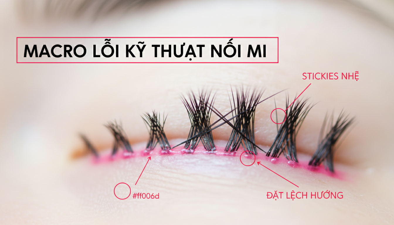 Macro lỗi kỹ thuật nối mi (stickies nhẹ/đặt lệch hướng) minh họa mang tính giáo dục, ánh sáng rõ