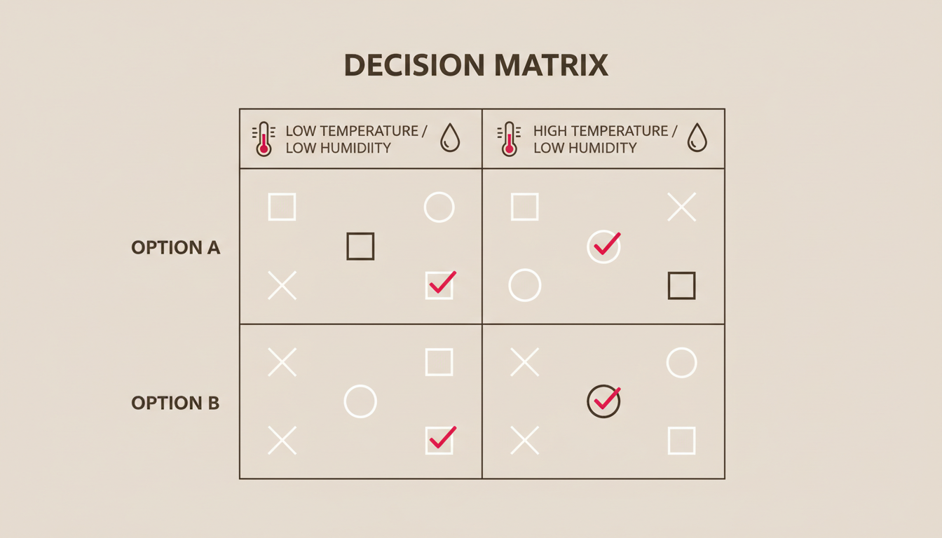 Minh họa dạng ma trận quyết định (decision matrix) tối giản, màu be-nâu sang, có icon nhiệt độ/độ ẩm