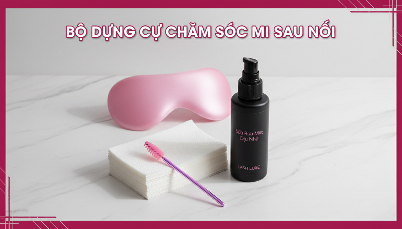 Bộ dụng cụ chăm sóc mi sau nối gồm cọ chải mi, khăn giấy, sữa rửa mặt dịu nhẹ, chụp tối giản