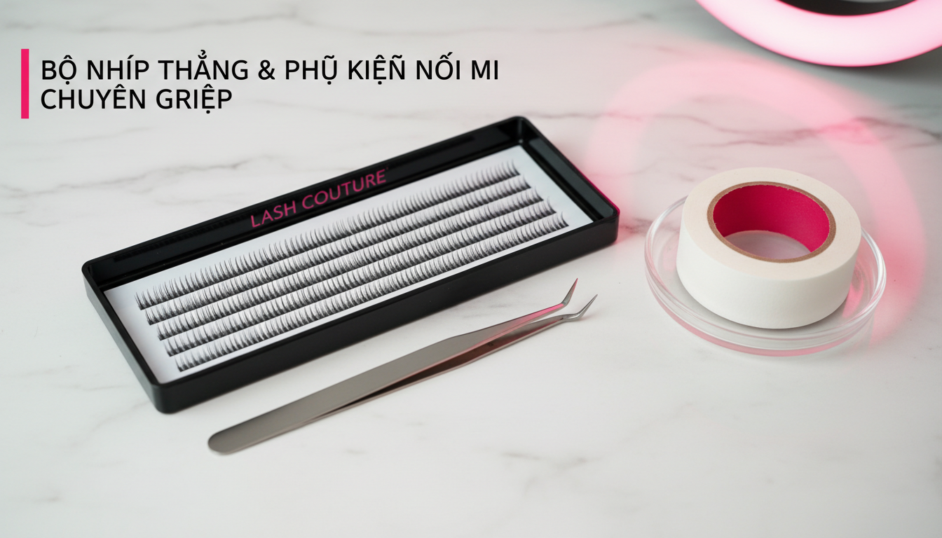 Bộ nhíp thẳng chuyên dụng đặt cạnh khay mi classic và băng keo giấy trong setup nối mi chuyên nghiệp