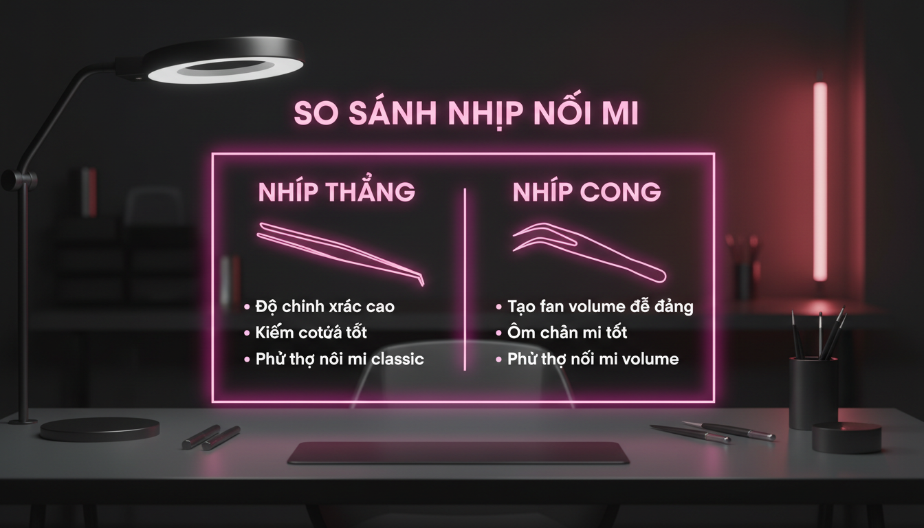 Bảng so sánh nhíp thẳng và nhíp cong trên nền workspace studio tối giản, phong cách chuyên nghiệp