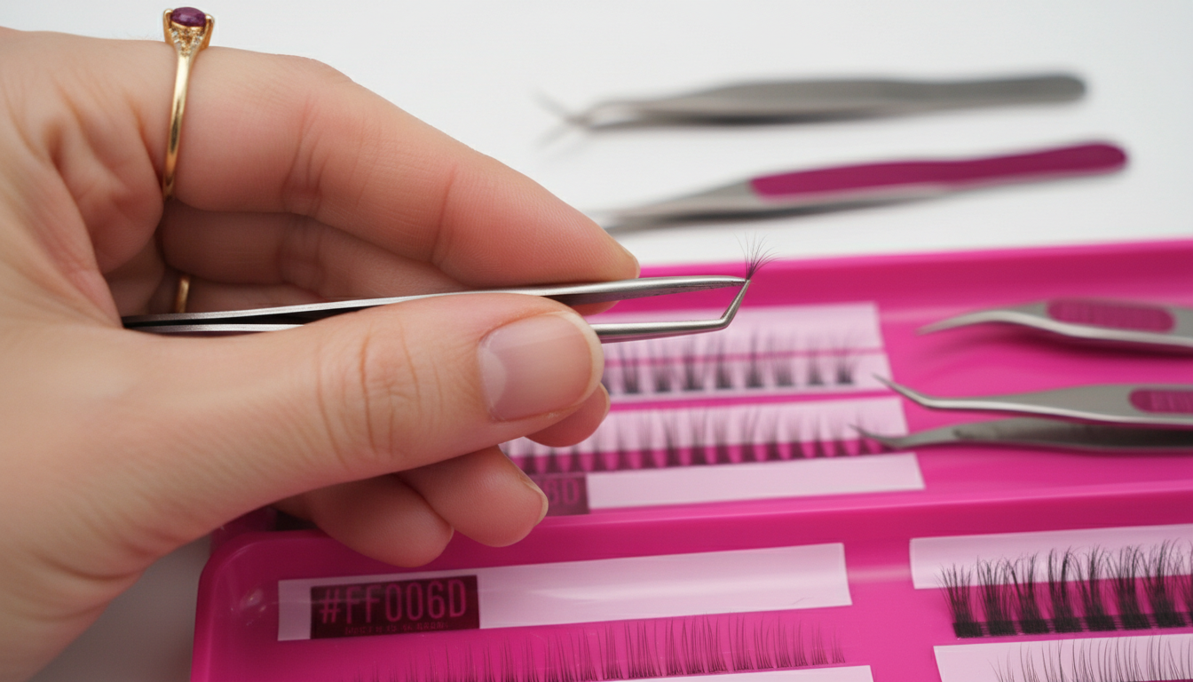 Cận cảnh test nhíp bằng sợi mi trên strip, tay đeo nhẫn, nền là khay mi và nhíp