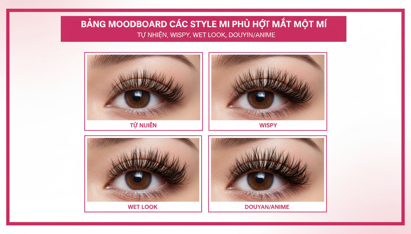 Bảng moodboard các style mi phù hợp mắt một mí (tự nhiên, wispy, wet look, douyin/anime), ảnh sắc nét, ánh sáng sạch