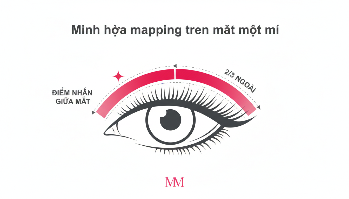 Minh họa mapping trên mắt một mí (điểm nhấn giữa mắt vs 2/3 ngoài), phong cách infographic tối giản, chuyên nghiệp