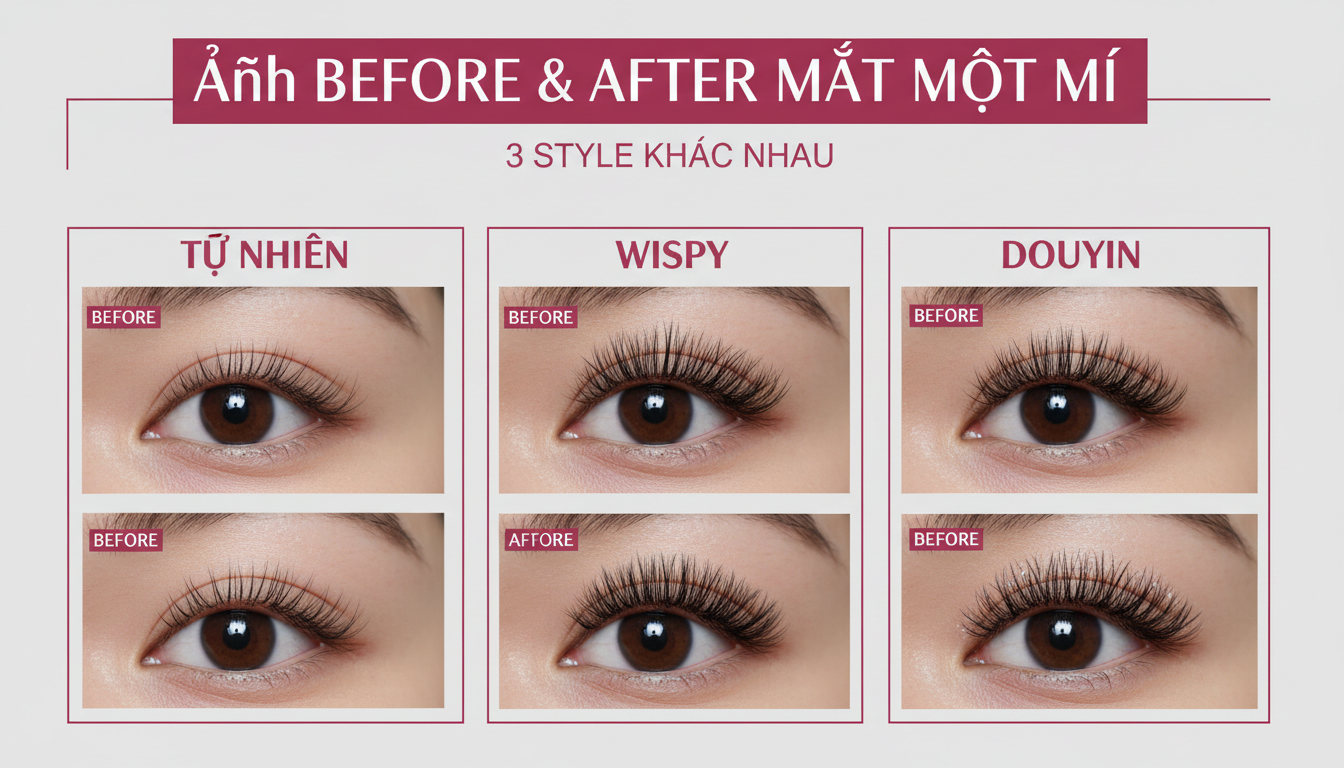 Ảnh before-after mắt một mí với 3 style khác nhau (tự nhiên, wispy, douyin), bố cục sạch và sang