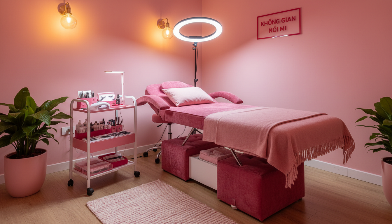 Không gian studio nối mi riêng tư, yên tĩnh tại TP.HCM với giường nối mi và dụng cụ được sắp gọn gàng, ánh sáng ấm