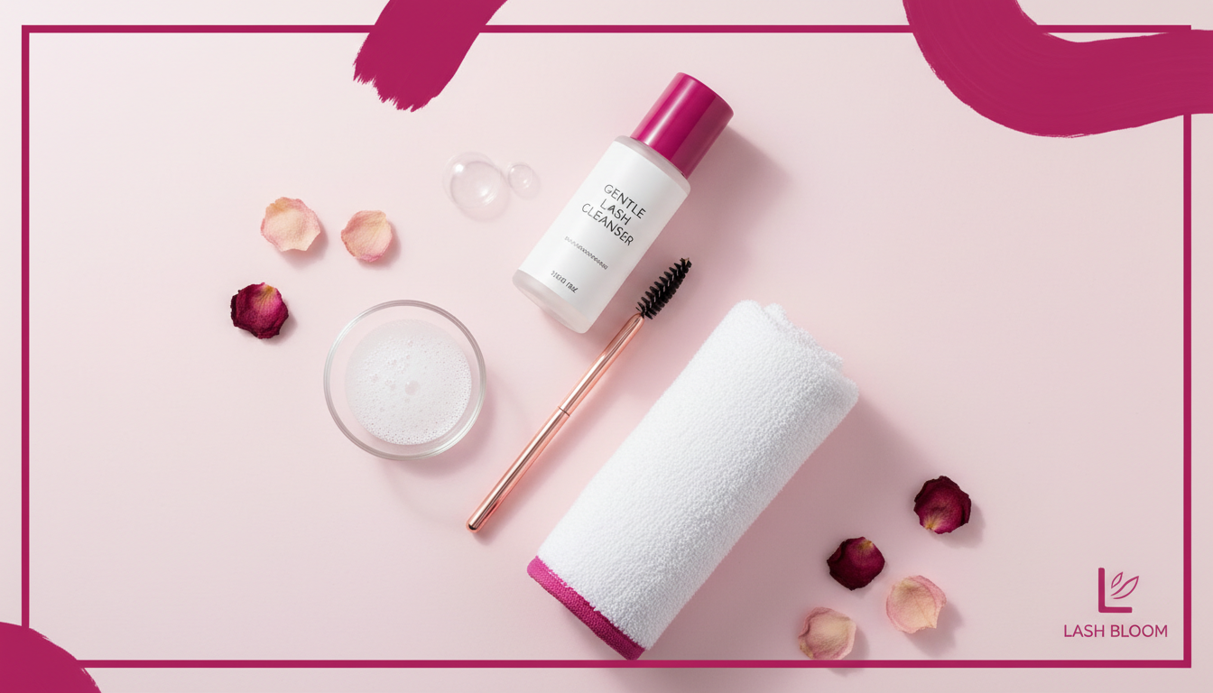 Flatlay bộ dụng cụ chăm sóc mi sau nối gồm chổi chải mi, khăn mềm, sữa rửa mặt dịu nhẹ, phong cách ảnh beauty tối giản
